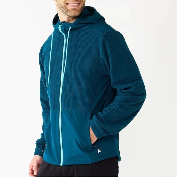 NWT Tek Gear Men's Blue Dye Mix Media Performance Hooded Jacket (MT23V204RS) - Picture 1 of 8